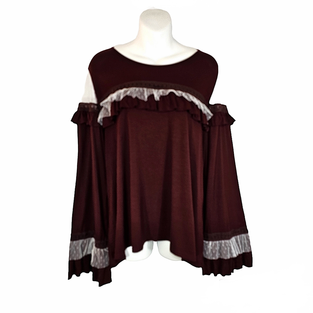 POL Burgundy Ruffle Mesh Lace Tiered Blouse Top Size Large